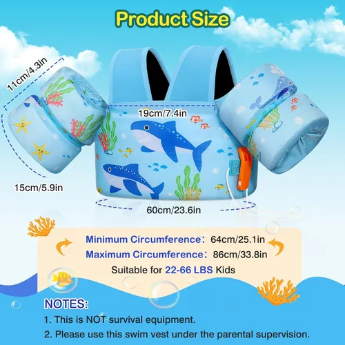 Miniatura 5 de MoKo Chaleco de natación para niños pequeños, flotadores de brazo de natación de 22 a 66 libras, niños y niñas, con dibujos animados, alas de agua