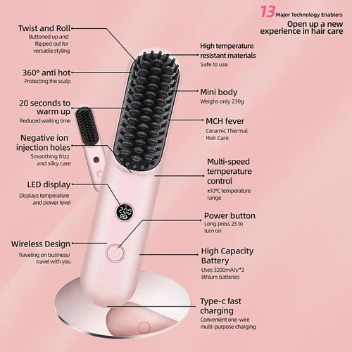Miniatura 2 de Bestauty Cepillo alisador de pelo inalámbrico, tecnología de calentamiento rápido de los años 20, 320℉-356℉-392℉ 3 niveles ajustables, cepillo