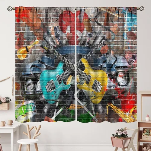 Miniatura 42 de Cortinas de notas musicales, rústicas, mágicas, notas musicales, arte retro, piano y violín, cortina con bolsillo para barra para dormitorio, sala