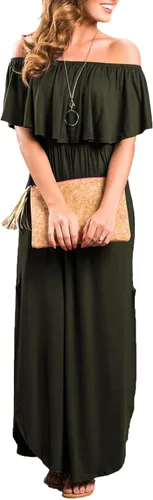 Miniatura 2 de Sarin Mathews - Vestido de fiesta para mujer estilo casual largo hasta los tobillos con volantes hombros descubiertos abertura lateral y bolsillos