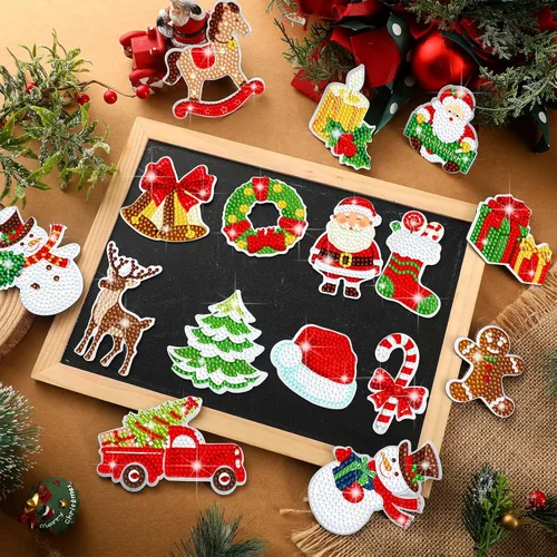 Miniatura 2 de Umigy Juego de 16 imanes de arte de diamantes de Navidad para refrigerador, muñeco de nieve, Papá Noel, ciervo, pintura de diamante, imanes