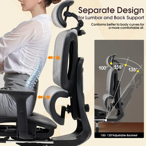 Miniatura 4 de Silla de oficina ergonómica con soporte lumbar ajustable, reposabrazos y reposacabezas 3D, silla reclinable de 135° con reposapiés, silla giratoria