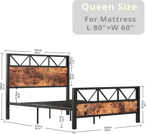 Miniatura 7 de LIKIMIO Base de cama Queen con cabecero industrial alto de 51.2 pulgadas, marco de cama de plataforma con soporte de metal fuerte, sólido y estable