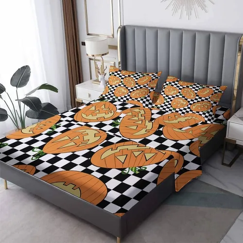 Miniatura 9 de Juego de sábanas de Halloween para niños y niñas, juego de sábanas espeluznantes de tela de araña, calabaza fantasma, microfibra suave, bolsillo
