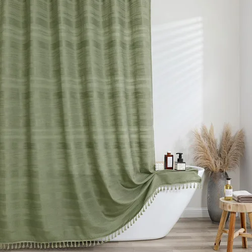 Miniatura 9 de OVZME Cortina de ducha bohemia negra, cortina de ducha estrecha de tela suave a rayas de lino texturizado con borla, moderna decoración de baño