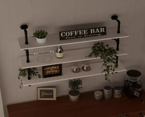 Miniatura 3 de HDDFER - Estantería industrial para tuberías rústicas en blanco, estantes de pared de tubería industrial con tablas de madera, estantes flotantes