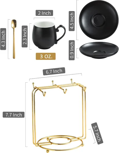 Miniatura 2 de LYEOBOH Juego de tazas de café expreso y platillos, taza de café de cerámica de 3 onzas, pequeñas tazas demitasses, tazas de café expreso con Negro