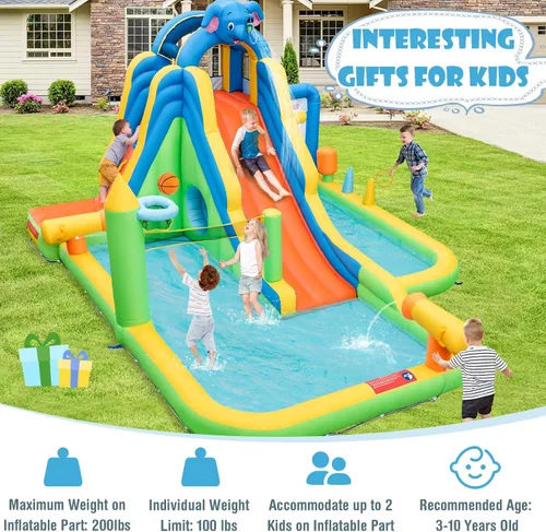 Miniatura 7 de HONEY JOY Tobogán acuático inflable, tobogán acuático de elefante 9 en 1 para patio trasero de niños, piscina de chapoteo, punta de tac, pared