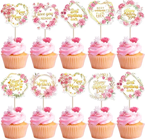 Miniatura 14 de Rsstarxi Paquete de 30 adornos dorados para cupcakes para el Día de la Madre con purpurina para el Día de la Madre, la mejor mamá del mundo
