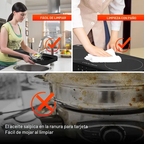 Miniatura 7 de COOKTRON Placa de inducción portátil de 2 quemadores con parrilla de hierro fundido removible antiadherente, placa de inducción doble de 1800W