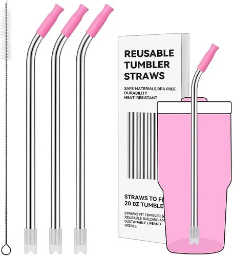 Miniatura 93 de Pajitas de metal rectas para vaso Stanley de 40 onzas, paquete de 3 popotes reutilizables de acero inoxidable con puntas de silicona y cepillo Gris