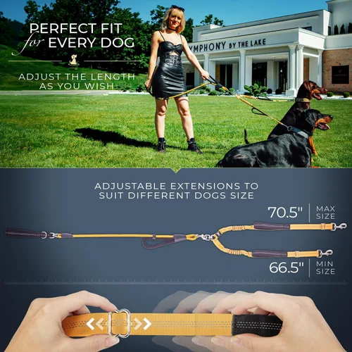 Miniatura 5 de Correa doble premium para dos perros, absorción de golpes, antitirón, doble correa para razas medianas y grandes con accesorio de correa doble