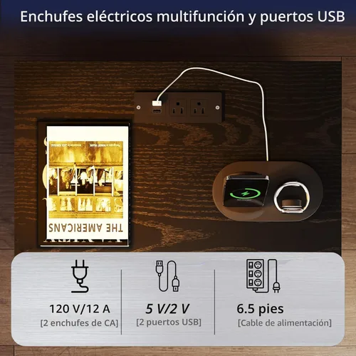 Miniatura 6 de Mesita de noche negra con estación de carga, moderna mesita de noche con luces LED, mesa auxiliar con 2 cajones para dormitorio, sala de estar