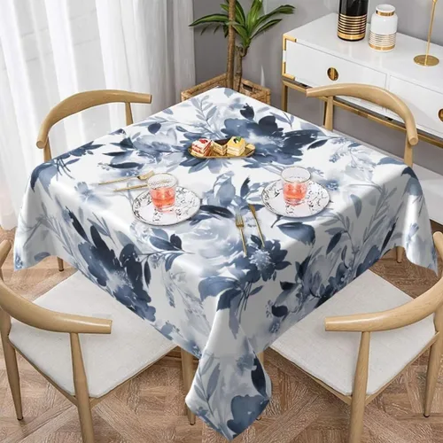 Miniatura 2 de Mantel floral azul marino de 54 x 54 pulgadas, mantel cuadrado de flores azul oscuro y blanco, mantel de poliéster para fiestas de vacaciones