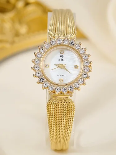 Miniatura 7 de Women's Gold Watch Crystal Bezel Mesh Band Mother of Pearl Dial