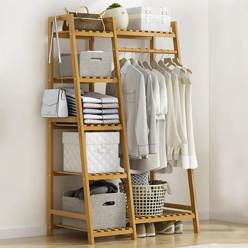 Perchero de bambú para ropa, con estantes de almacenamiento y ganchos, organizador de almacenamiento de ropa abierto para entrada, dormitorio, sala