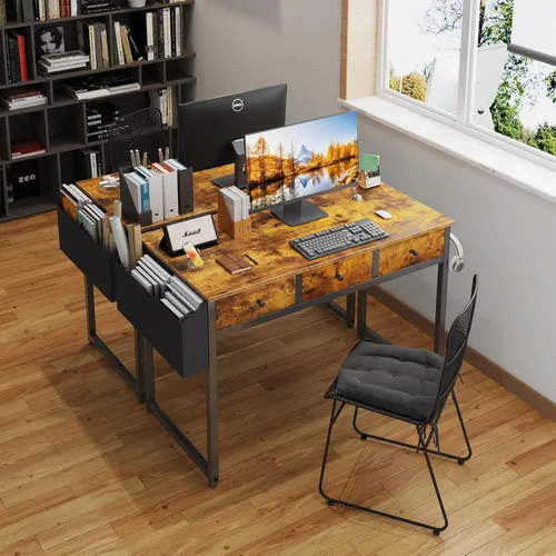 Miniatura 5 de Lufeiya - Escritorio con cajones para dormitorio, oficina en casa, con 3 cajones de almacenamiento de tela y bolsillo, mesa de estudio para Marrón