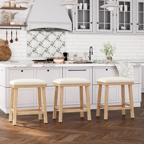 Miniatura 34 de ALPHA HOME Taburete de bar, taburete de cocina de silla de montar de madera maciza con cojín de tela de lino beige, taburete de bar de altura