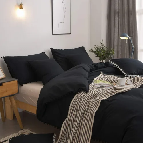 Miniatura 3 de Softta Euro Sham Covers - Juego de 2 fundas de almohada de 26 x 26 pulgadas con pompón negro, estilo étnico, vintage, 100% algodón puro, fundas