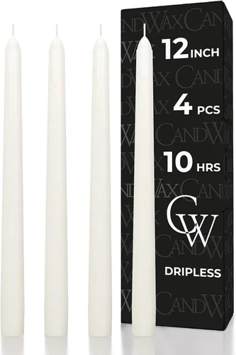 Miniatura 25 de CANDWAX Paquete de 4 velas cónicas blancas, sin goteo, de combustión lenta, sin perfume, de 12 pulgadas, ideales para mesa de comedor, candelabros