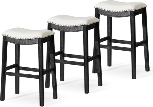 Miniatura 20 de Maven Lane Adrien Taburete de bar sin espalda, asiento de silla de montar de 31 pulgadas con reposapiés, marco de madera maciza gris y tapicería