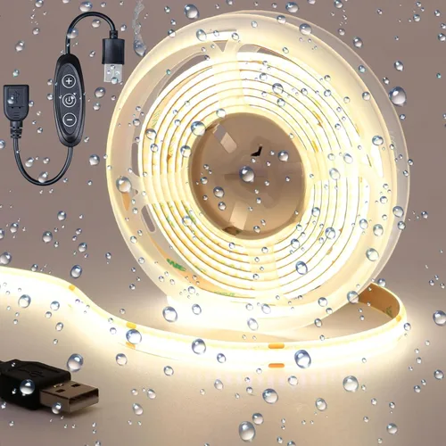 Miniatura 15 de DC 5V USB COB Tira de luz LED verde regulable IP65 resistente al agua alimentada por USB 6.6 pies/2M 640LEDs con regulador de brillo alto cinta