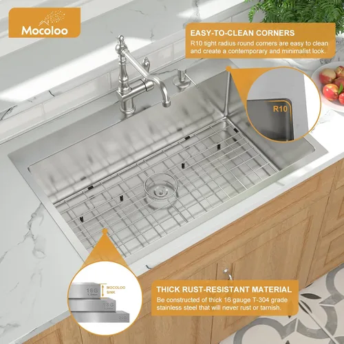 Miniatura 4 de Mocoloo Fregadero de cocina empotrable de 30 x 22 - Fregaderos de cocina de acero inoxidable de 30 pulgadas de montaje superior calibre 16 de un