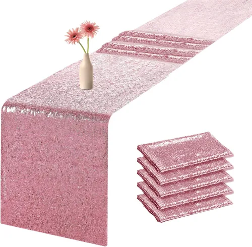Camino de mesa de lentejuelas de 72 pulgadas de largo, camino de mesa rosa con purpurina para fiesta, boda, bebé nupcial, 6 piezas, rosa 2-Rosa