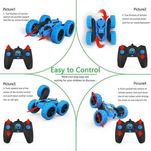 Miniatura 4 de Hamdol Auto de control remoto para niños, auto de acrobacias RC giratorio de 360°, vehículo eléctrico 4WD de doble cara con luces LED, autos de Azul