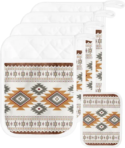 Paquete de 5 soportes para ollas de bolsillo, almohadillas calientes geométricas del suroeste para cocina, aislantes de calor, color beige