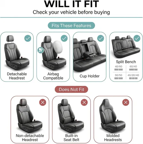 Miniatura 2 de Juego de funda para asiento bolsas de aire de tela negra ligera y fresca FH Group FH-FB030115-SEAT lista para separar; se ajusta a la mayoría