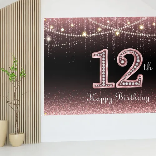 Miniatura 7 de HAMIGAR Fondo de pancarta de feliz cumpleaños número 12 de 6 x 4 pies, decoraciones de cumpleaños de 12 años, suministros de fiesta para mujeres