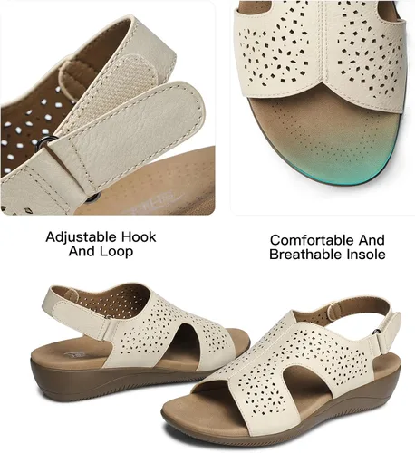 Miniatura 3 de SHIBEVER Sandalias planas para mujer, cómodas y elegantes, con soporte de arco ortopédico, puntera abierta, sandalias de verano para caminar