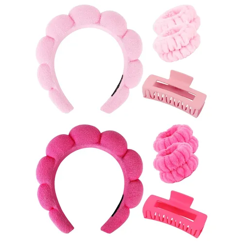 Wecoe Juego de diadema y pulsera para el cuidado de la piel para el cuidado de la piel, pinzas para cabello grueso, esponja hinchada con burbujas