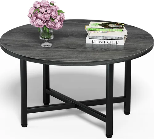 Miniatura 14 de Mesa de Café FAMIDGE, Mesas de Café de 23.6" para Sala de Estar, Mesa de Café Redonda con Marco de Metal, Mesa de Piso para Sentarse en el Suelo