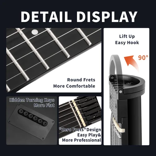 Miniatura 4 de Mini guitarra eléctrica de viaje, pequeña guitarra ligera sin cabeza para práctica, cuerpo sólido compacto portátil fácil de montar con soportes