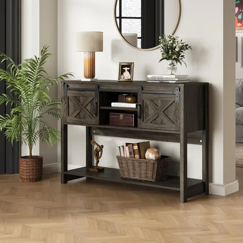 Miniatura 6 de RoyalCraft - Mesa de consola con estante de almacenamiento y puerta corrediza estilo granja, mesa de entrada estilo granja con almacenamiento, mesa