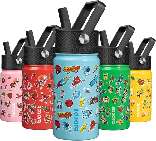 Miniatura 32 de BJPKPK Botella de agua aislada con tapa con pajilla, bonitas botellas de agua de 15 onzas, termo de metal de acero inoxidable, vasos reutilizables