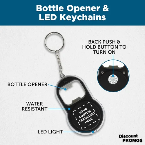 Miniatura 3 de DISCOUNT PROMOS Abrebotellas personalizado y llaveros LED, juego de 10/50/100, paquete personalizado a granel, perfecto para ferias, recuerdos