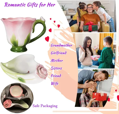 Miniatura 5 de ONEUSTAR Juego de taza de té rosa y platillo para 1 taza de café de cerámica hecha a mano con flores rosas para el día de la madre, Acción