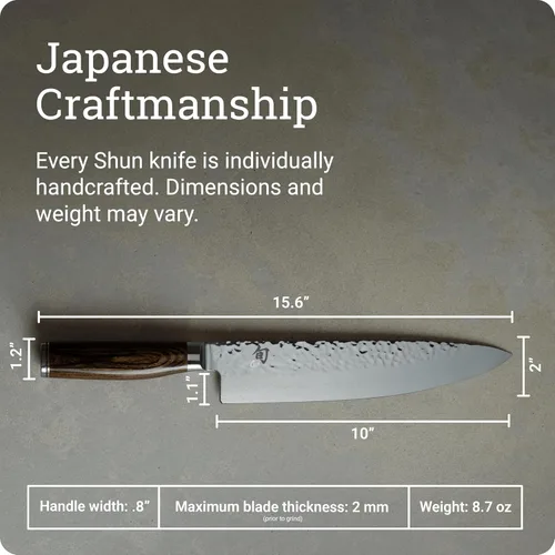 Miniatura 5 de Shun Cutlery Premier - Cuchillo de chef de 10 pulgadas de largo, cuchillo de cocina ligero, ideal para la preparación de alimentos, auténtico Marrón