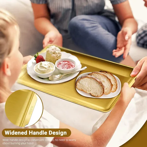 Miniatura 4 de 2 bandejas de acero inoxidable para servir, 15.7 x 9.4 pulgadas, bandeja rectangular dorada con asa, plato decorativo para mesa de café, plato