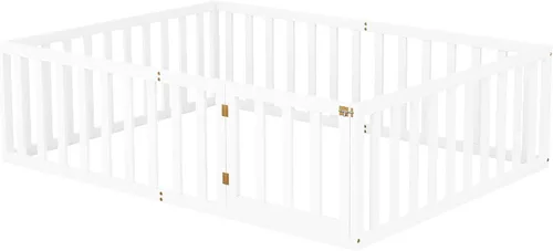 Miniatura 5 de Cama de suelo para niños de tamaño matrimonial con valla, cama de madera con puerta, barandillas en forma de valla, cama de valla para niños, fácil