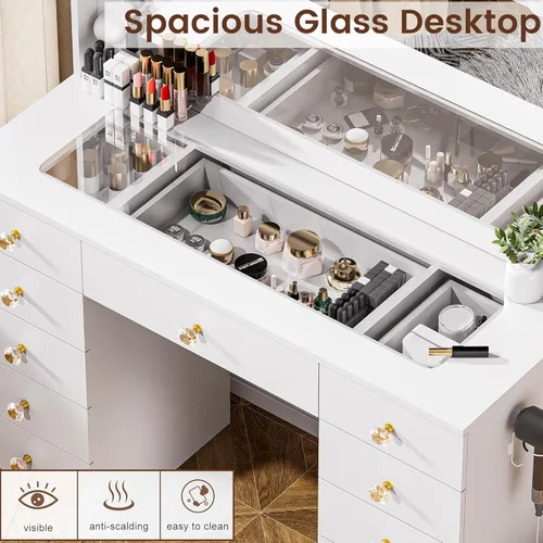 Miniatura 6 de DINGIPP Tocador con espejo grande y 10 luces LED, escritorio de tocador con tope de cristal, 11 cajones con asas de cristal, tocador con toma