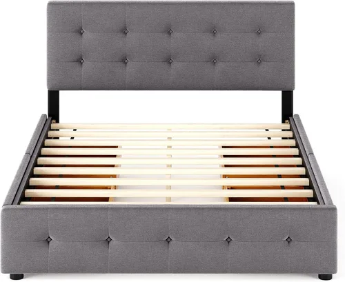 Miniatura 4 de XIONGGG Cama de plataforma tapizada, tamaño Queen, base de cama con 4 cajones y cabecero, soporte de listones de madera, no necesita somier