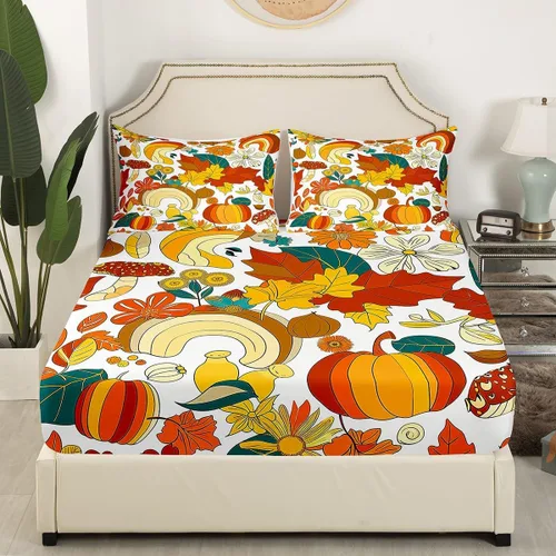 Miniatura 3 de Juego de sábanas ajustadas estilo 70s hippie retro para cama individual, juego vintage de otoño con hojas florales para niños y niños, juego de ropa