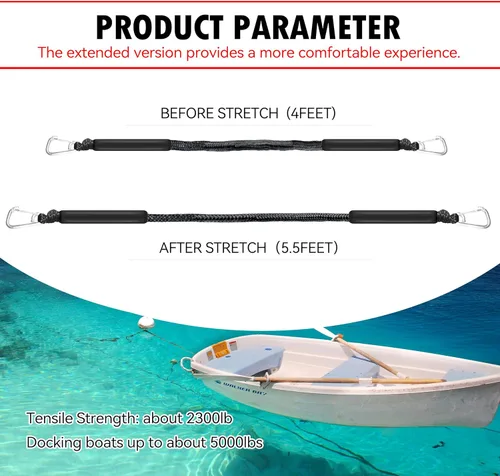 Miniatura 9 de Líneas de muelle elástico para barcos, cuerda flotante sin fregadero con ganchos dobles, amarre de barco resistente para muelle para pontón jet ski