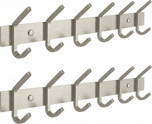 Miniatura 11 de Perchero de Pared Blanco – Riel de Ganchos de Acero Inoxidable de 15 Pulgadas con 5 Ganchos Dobles Resistentes para Abrigos – Perchero Montado