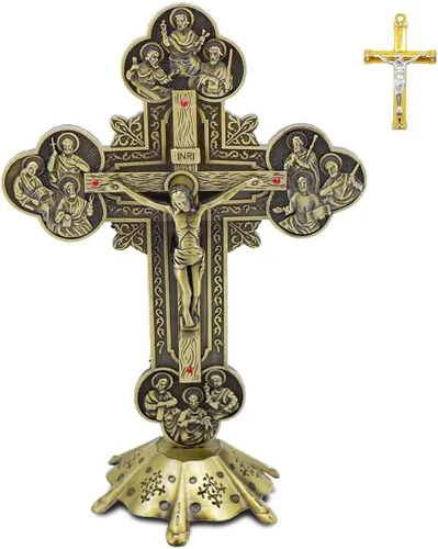 Miniatura 9 de rnuie Cruz de mesa de altar de Jesús, decoración de pared de crucifijo religioso con soporte, adorno cristiano de metal montado en la pared