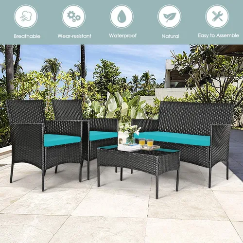 Miniatura 4 de Juego de muebles de patio de 4 piezas, juego de conversación al aire libre con respaldo ergonómico curvo, juego de sillas de patio con cojín Turquesa